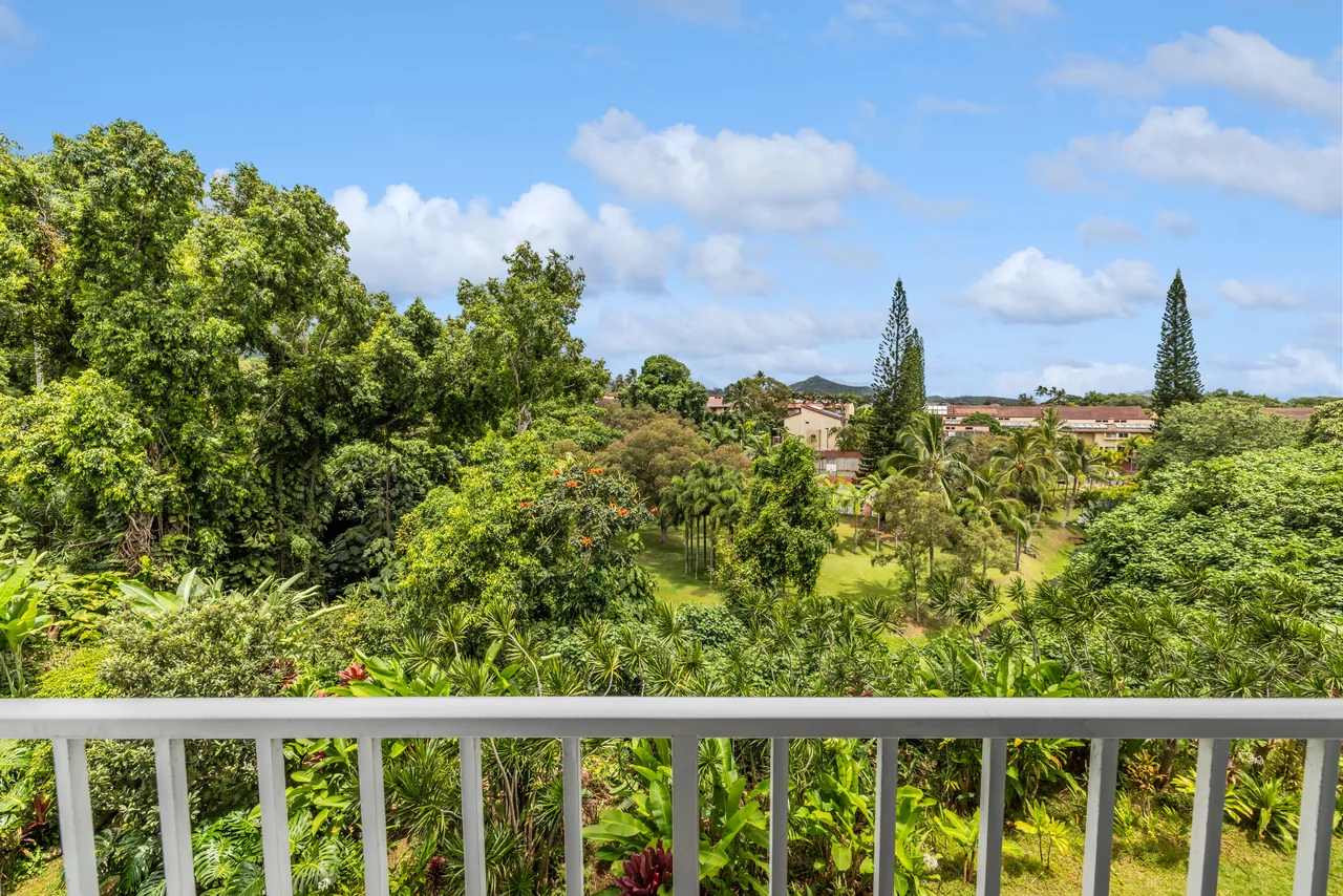 Green, tree-lined outlook from the lanai railing