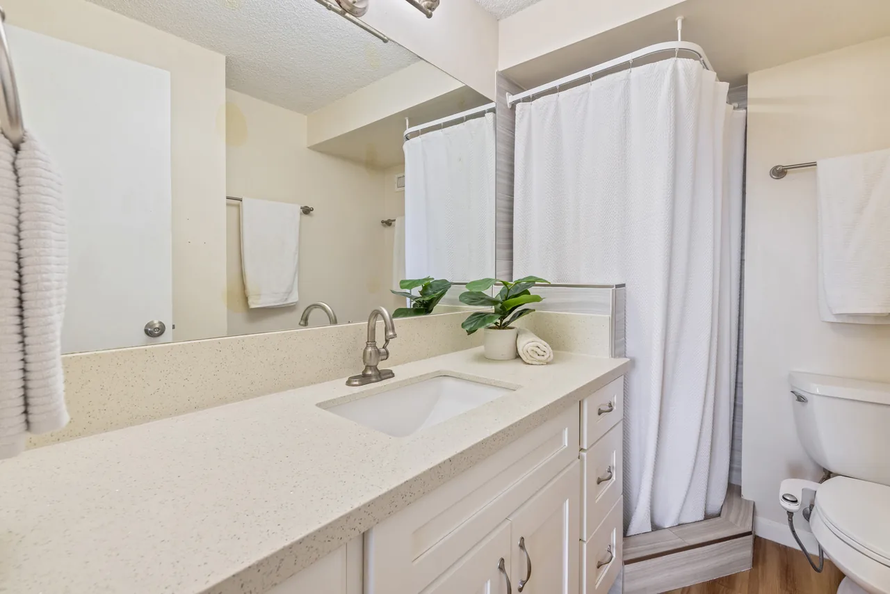 Second bathroom with a shower-tub, vanity and toilet